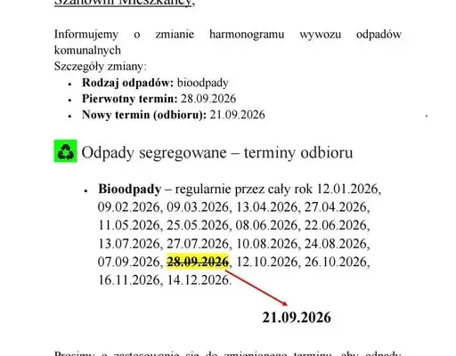 Zmiana terminu odbioru bioodpadów w gminie Suchedniów