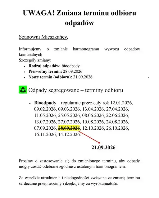 Zmiana terminu odbioru bioodpadów w gminie Suchedniów