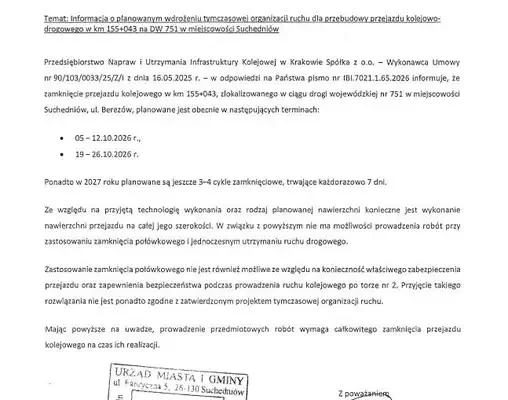 Utrudnienia na przejeździe kolejowym w Suchedniowie – zamknięcia w październiku i w 2027 roku