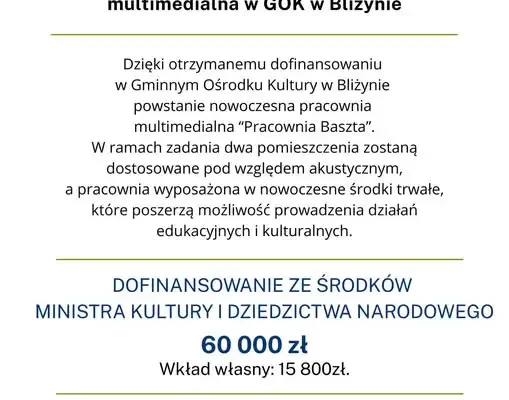 Bliżyn: w GOK powstanie nowoczesna „Pracownia Baszta” za unijne i ministerialne pieniądze
