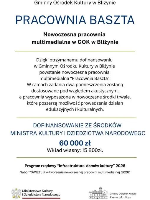 Bliżyn: w GOK powstanie nowoczesna „Pracownia Baszta” za unijne i ministerialne pieniądze